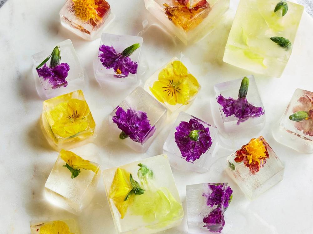 Fargerike blomsterfrosne i isbiter, med lilla, gule og grønne blomster i klare isblokker.