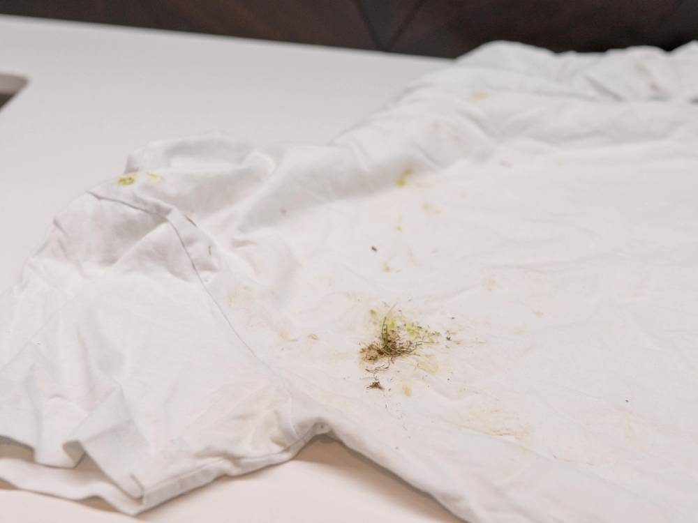 En hvit seng med et lite flekk av smuss eller støv på lakenet.