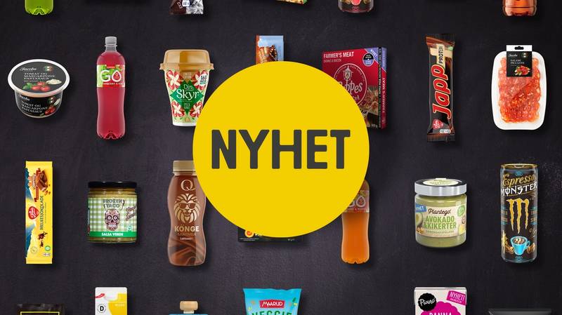 Et utvalg av ulike mat- og drikkevarer på en svart bakgrunn med en stor gul sirkel med teksten 'NYHET' i midten.