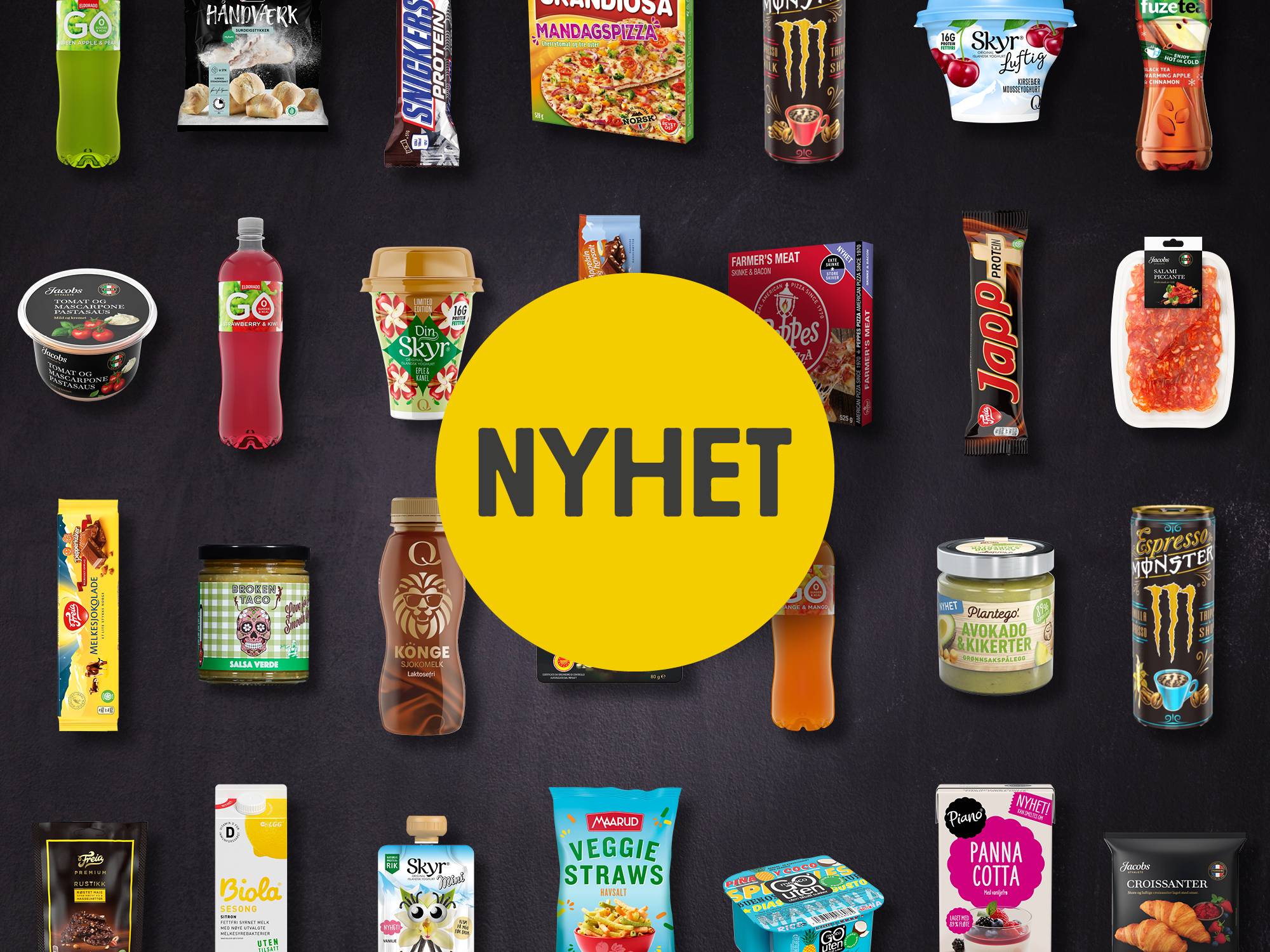 Et utvalg av ulike mat- og drikkevarer på en svart bakgrunn med en stor gul sirkel med teksten 'NYHET' i midten.