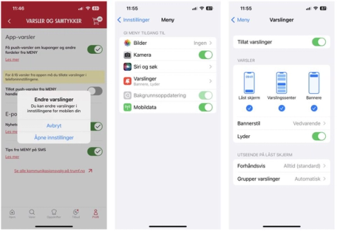 Skjermbilder som viser innstillinger for varsler og telefoninnstillinger, inkludert alternativer for å endre varsler og aktivere varslingstjenester.