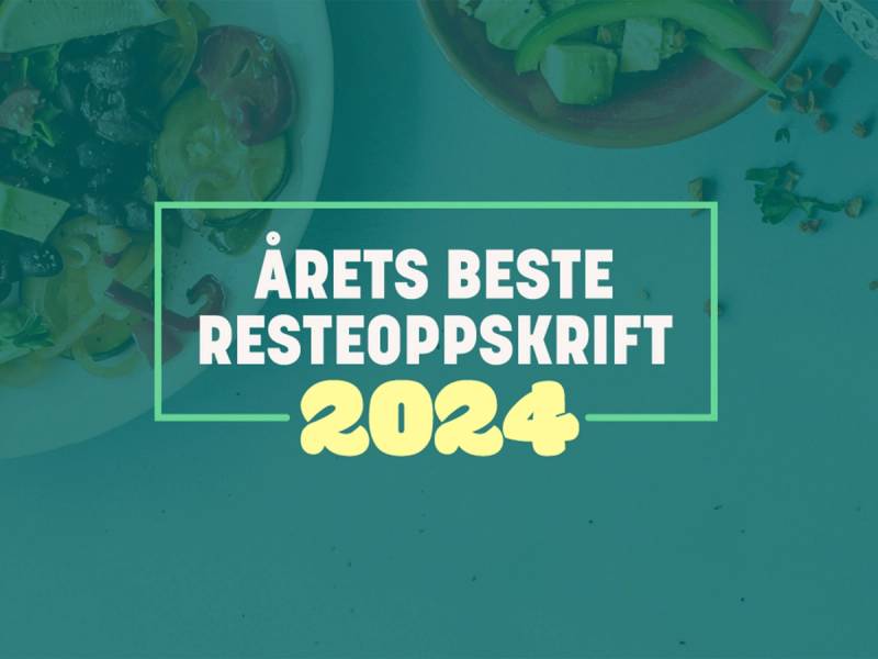 Forsidebilde med teksten 'Årets beste restoppskrift 2024' på en grønn bakgrunn.