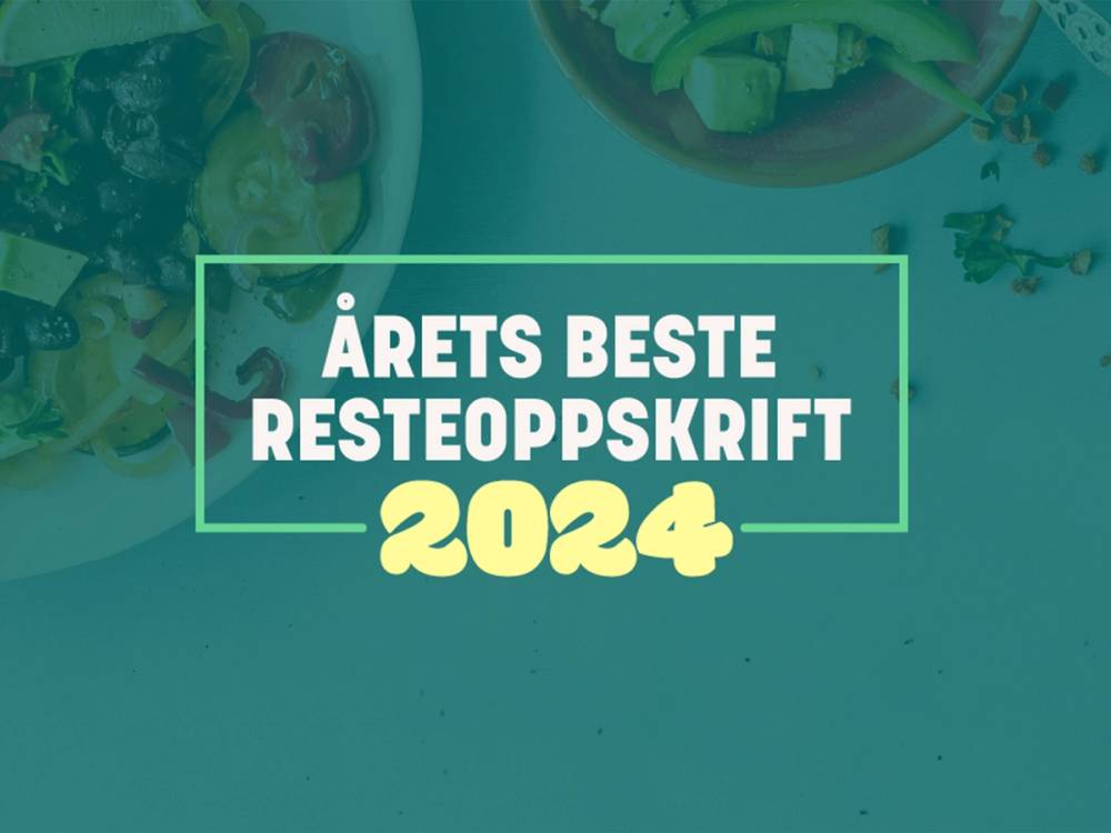 Forsidebilde med teksten 'Årets beste restoppskrift 2024' på en grønn bakgrunn.