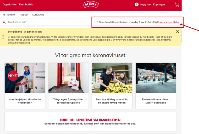 Skjermbilde av en nettside med en melding om utlogget status og en knapp for å sjekke om levering er utført, samt en oversikt over koronavirusrelaterte nyheter og tilbud.