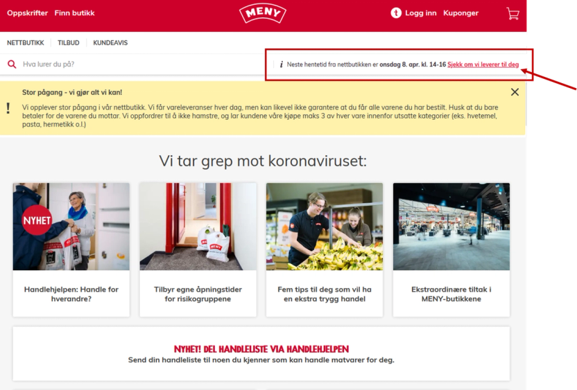 Skjermbilde av en nettside med en melding om utlogget status og en knapp for å sjekke om levering er utført, samt en oversikt over koronavirusrelaterte nyheter og tilbud.