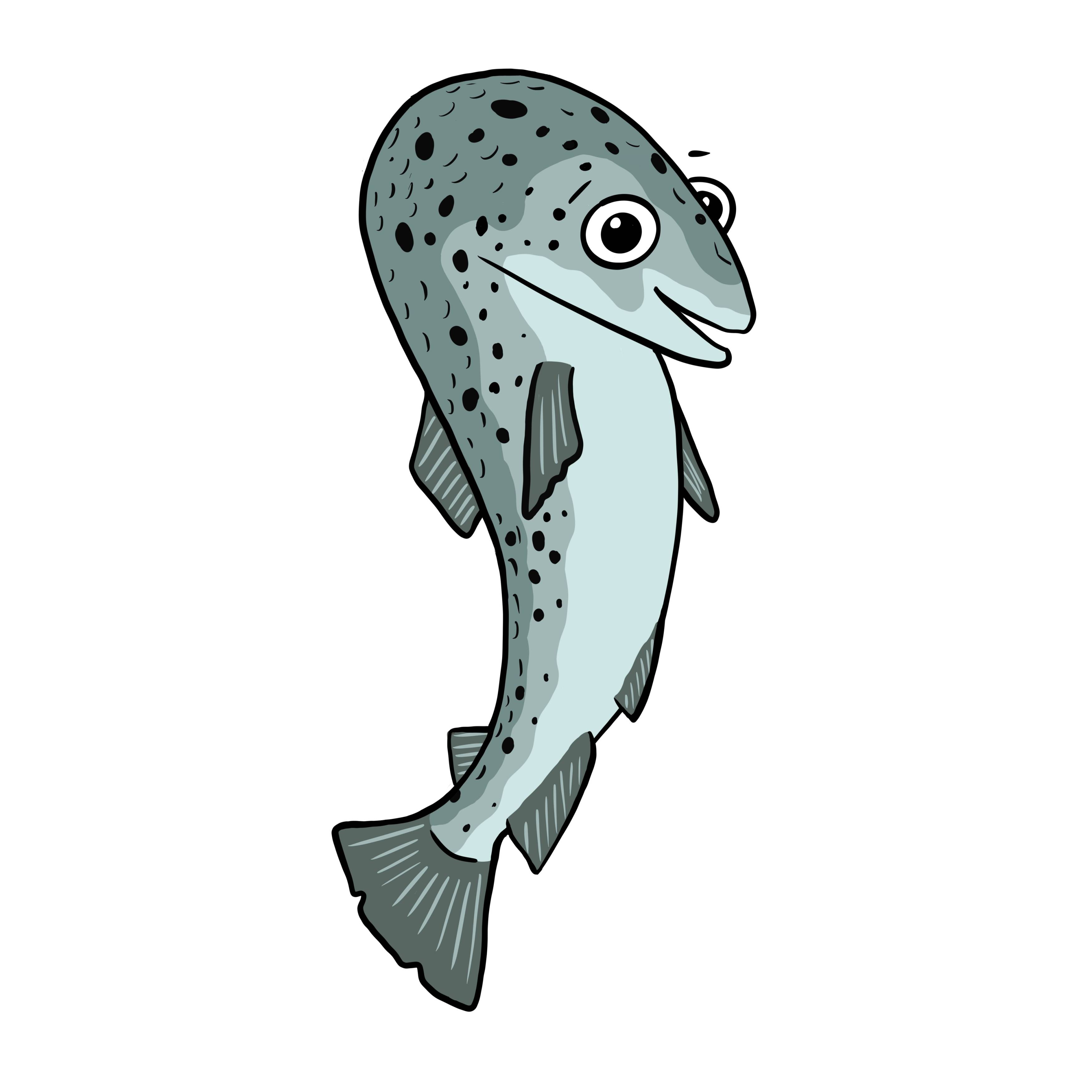 En tegneserieaktig illustrasjon av en ørret med store øyne og en smilende munn.