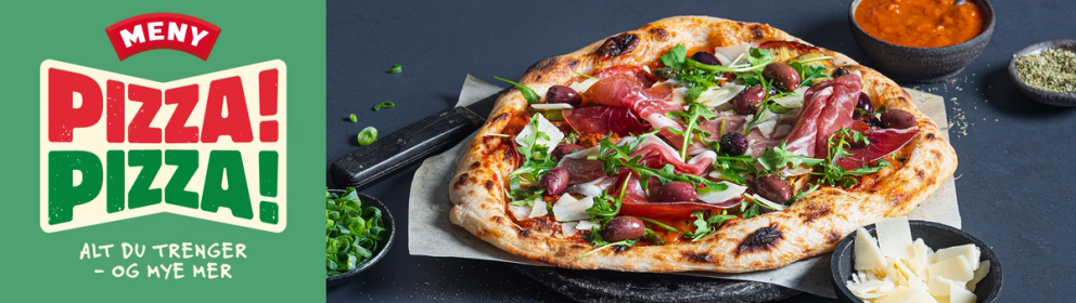 En pizza med skinke, ruccola og tomater på en tallerken, med en grafikkbanner som sier 'pizza nivå 2'.