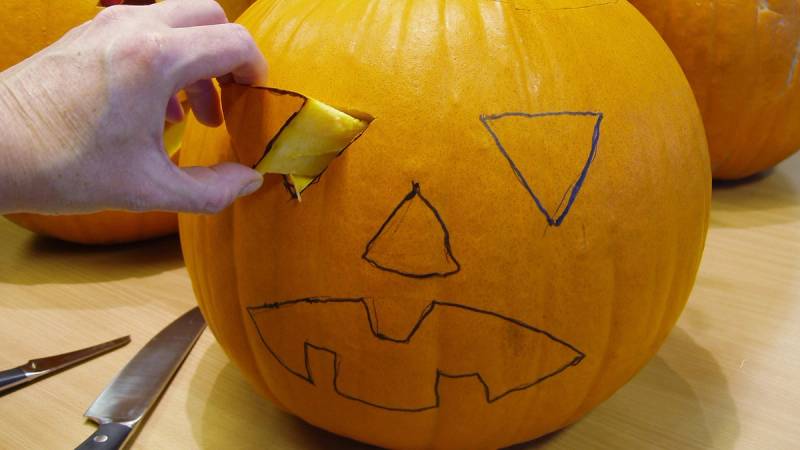 En person tegner et ansikt med en skummel munn og øyne på en stor gresskar til Halloween, med flere gresskar i bakgrunnen.