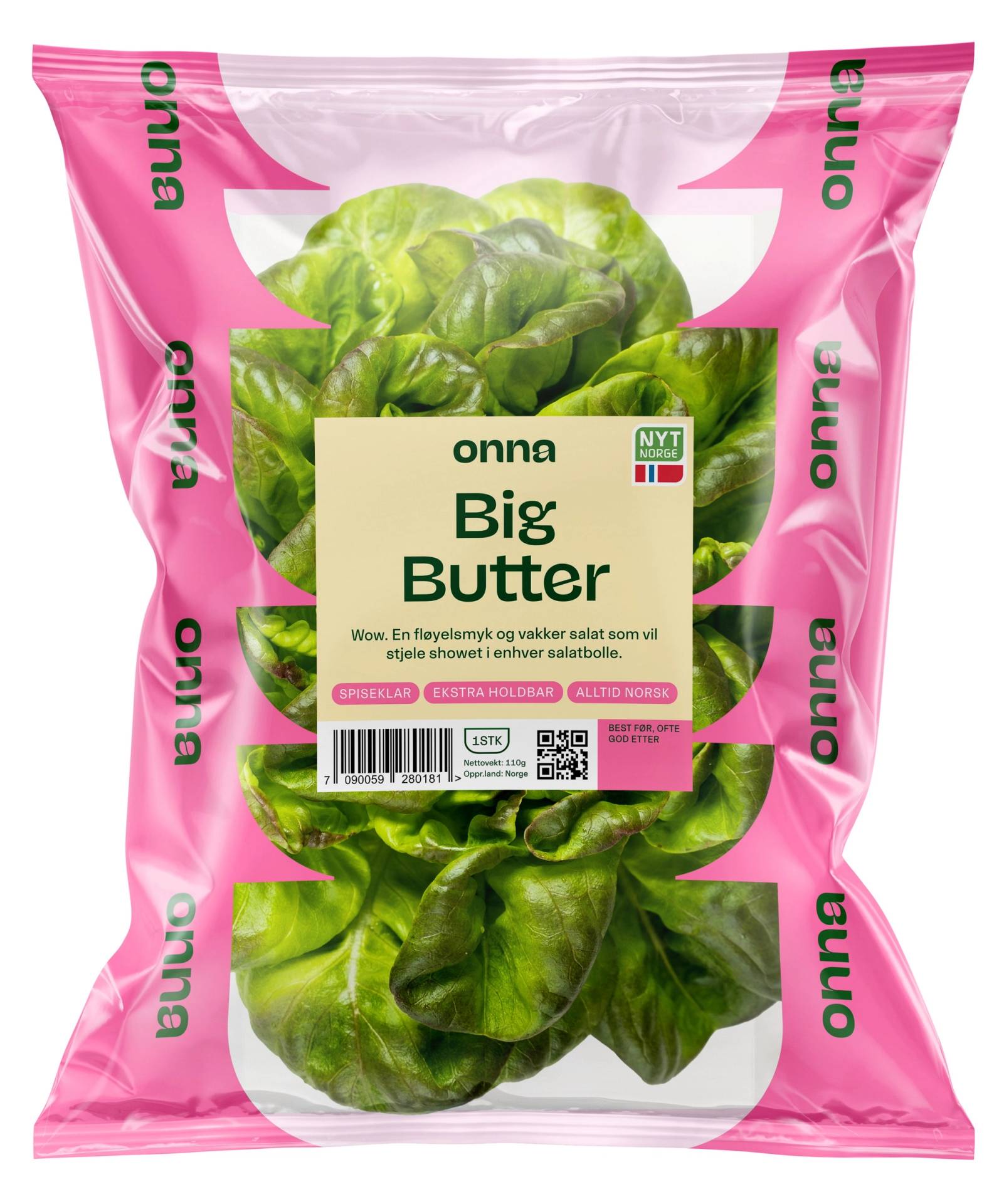 Pakke med stor salat av type Big Butter, med grønt bladinnhold, i rosa emballasje med påskrift og logo.