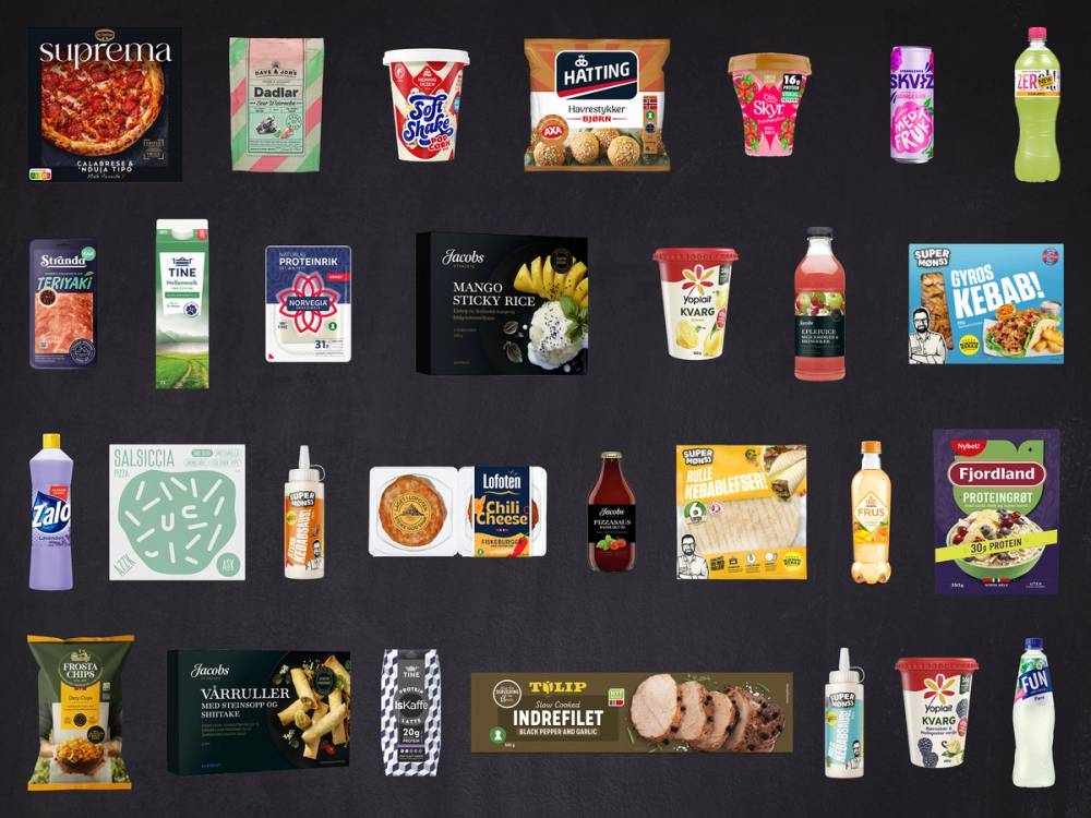 Et utvalg av mat- og drikkevarer, inkludert pizza, kjeks, sauser, juice og snacks, på en svart bakgrunn.