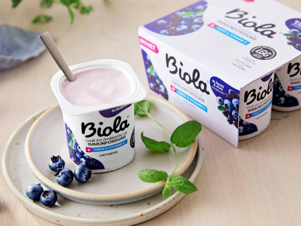 Biola blåbæracai i en kopp med et sugerør, omgitt av blåbær og mynte på en tallerken.