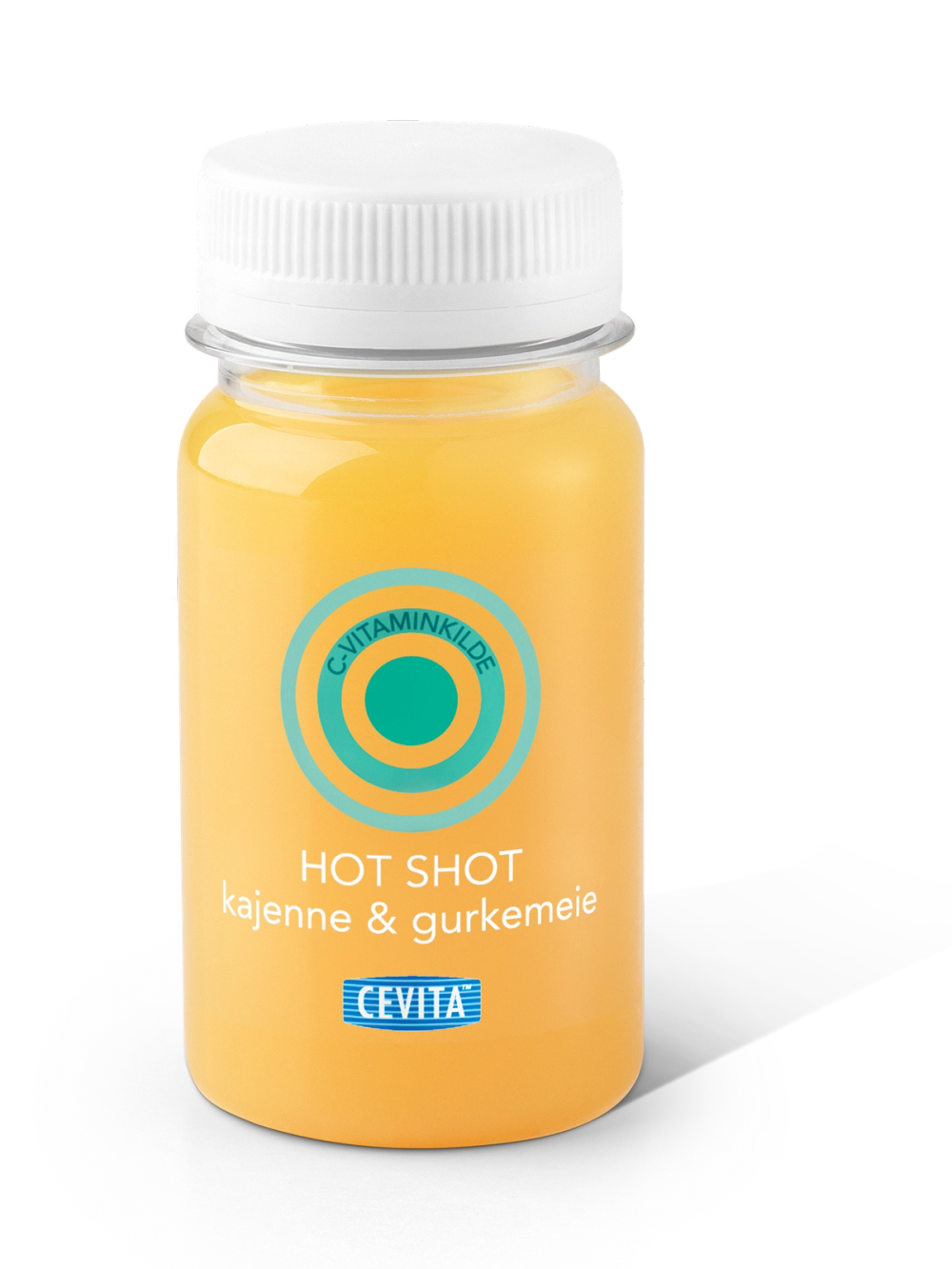 En gul kapsel med etikett som sier 'Hot Shot' og inneholder kajenne og gurkemeie, produsert av Evita.