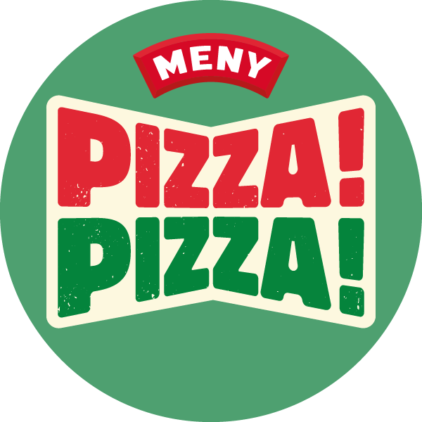 En logo med teksten 'Meny PIZZA! PIZZA!' i rødt og grønt på en rund, grønn bakgrunn.