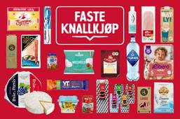 Fargerikt banner med ulike mat- og drikkevarer, samt personlig pleieprodukter, med teksten 'Faste Knallkjøp' i midten.