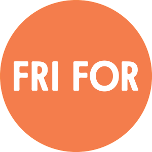 En oransje sirkel med teksten 'FRI FOR' i hvitt i midten.