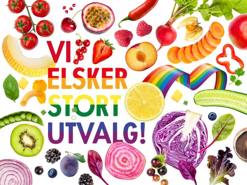 Fargerike frukter og grønnsaker rundt teksten 'Vi elsker stort utvalg!'