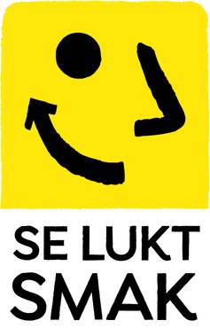 En gul bakgrunn med et stort smilende ansikt og teksten 'SE LUKT SMASK' under, som oppfordrer til å bruke sansene for å oppleve mat og drikke.