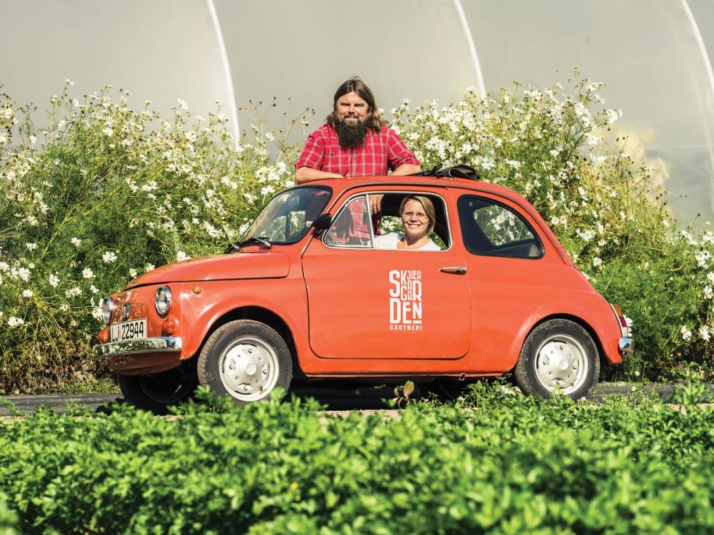 En person med rød skjorte sitter i en liten rød bil med teksten 'SKJÆRGÅRDEN' på siden, omgitt av grønne planter og blomster i et drivhus.