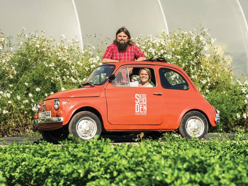 En person med rød skjorte sitter i en liten rød bil med teksten 'SKJÆRGÅRDEN' på siden, omgitt av grønne planter og blomster i et drivhus.