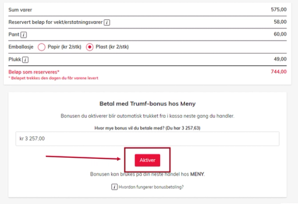Skjermbilde av en betalingsside hvor det står 'Betal med Trumf-bonus hos MENY' og en knapp merket 'Aktiver'.