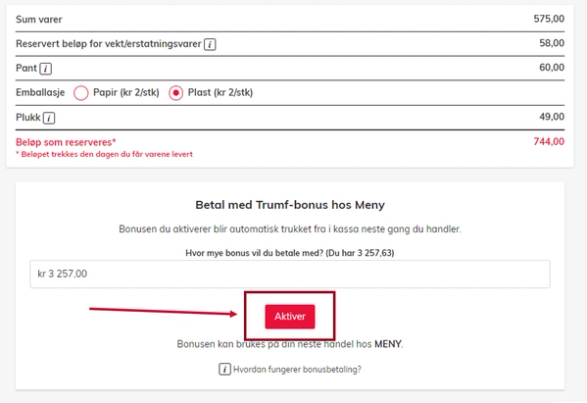 Skjermbilde av en betalingsside hvor det står 'Betal med Trumf-bonus hos MENY' og en knapp merket 'Aktiver'.
