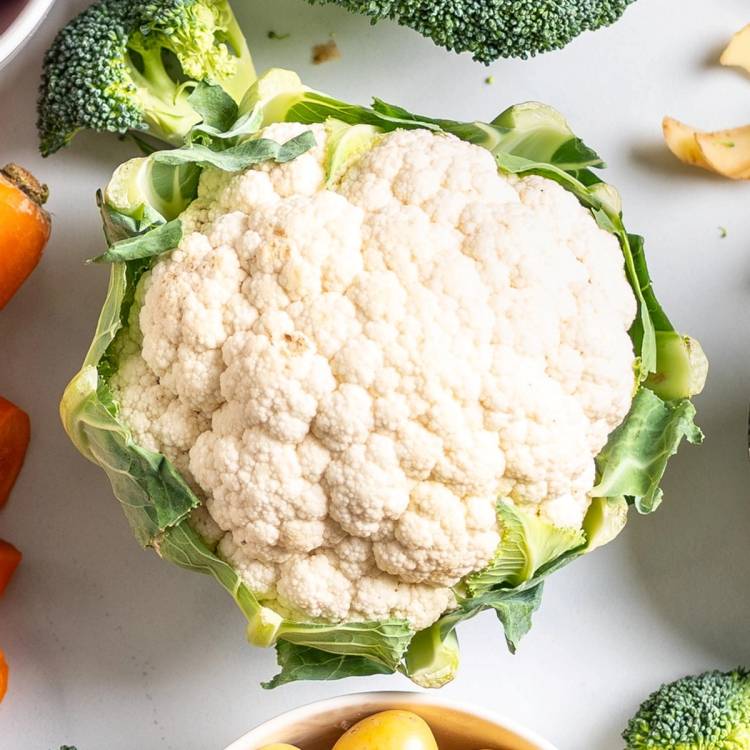 En hel blomkål med grønne blader rundt, omgitt av andre grønnsaker på et hvitt bord