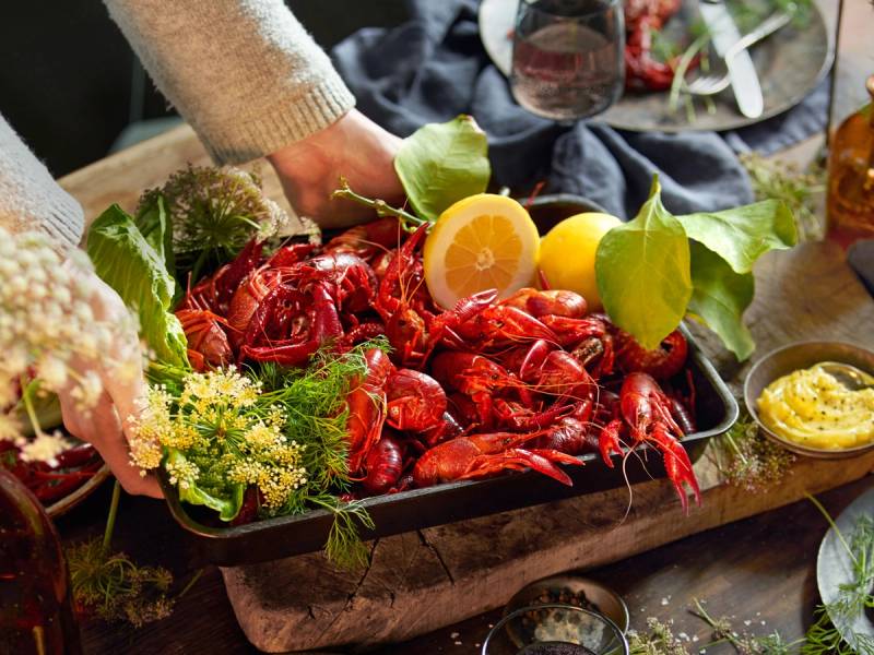 En tallerken med kokte kreps omgitt av sitronbåter og grønne blader, med personer rundt bordet som deler måltidet.