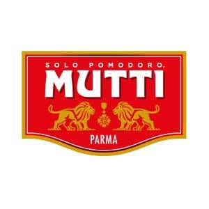 Mutti-logo med rødt bakgrunn og gule løver, tekst 'Solo Pomodoro' og 'Parma'.