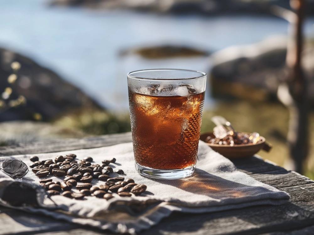 Et glass med kald brygget kaffe på et bord med kaffebønner og en utendørs bakgrunn.