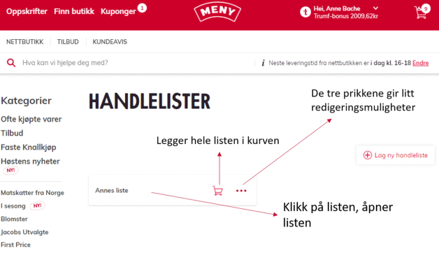 Skjermbilde av en nettside som viser en listefunksjon med mulighet til å legge til og redigere elementer i en handleliste.