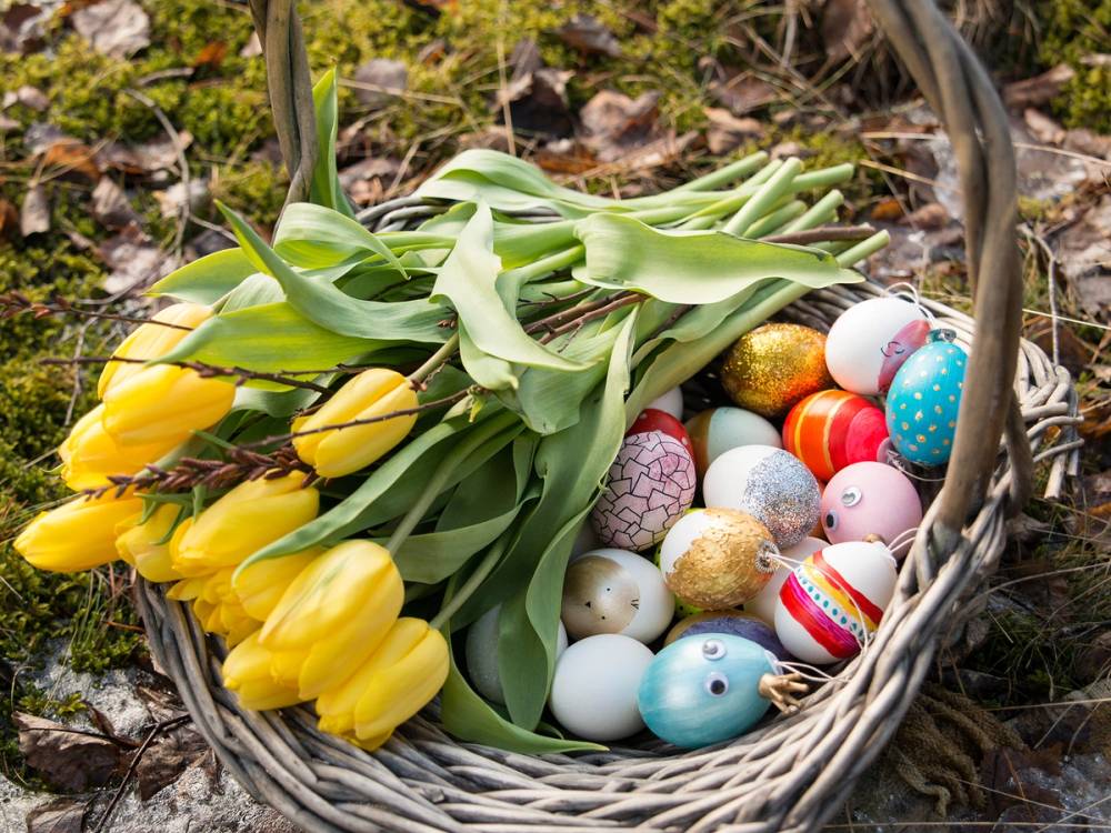 Fargerike påskeegg og gule tulipaner i en kurv, klar til påskehøytiden.