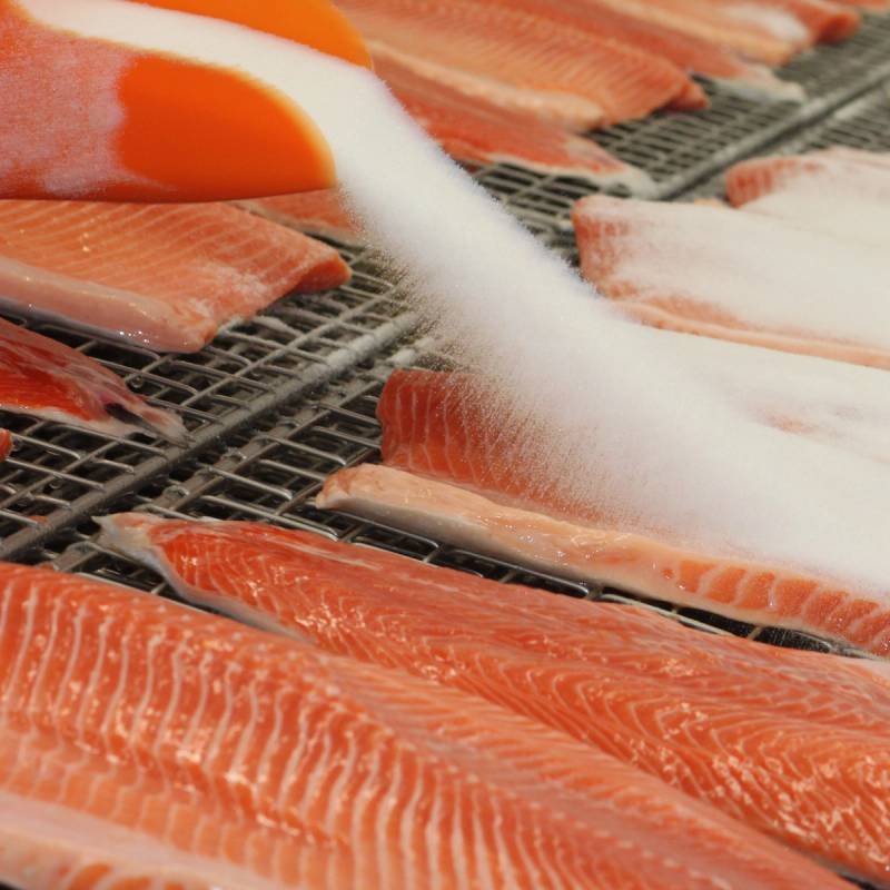 Fiskekjøtt av laks ligger på en metallrist, mens en hvit væske helles over det.