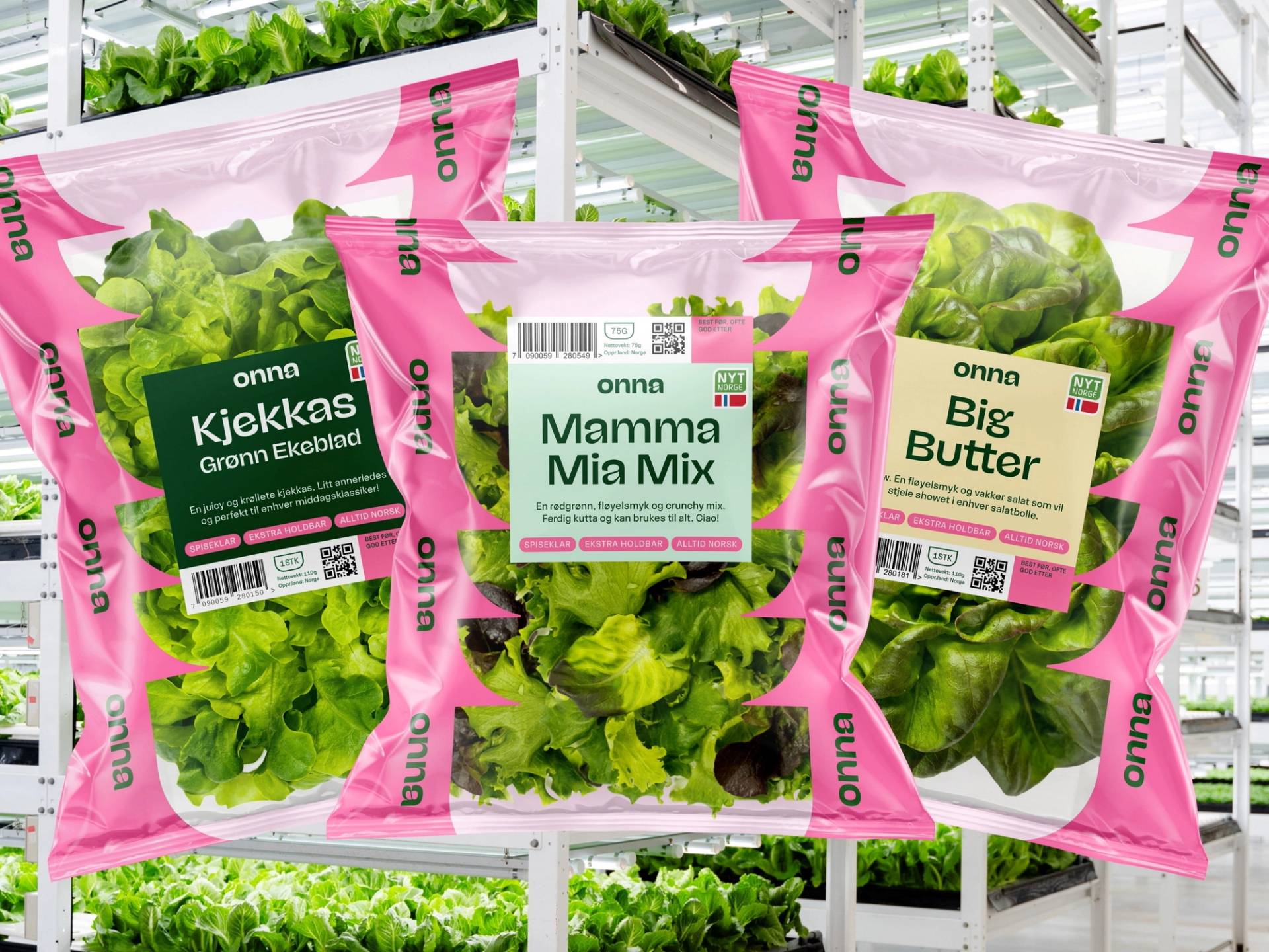 Pakker med salat og salatblader på en butikkhylle, merket med navn som Kjekkas, Mamma Mia Mix og Big Butter.