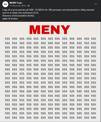 Et skjermbilde av en Facebook-innlegg med teksten 'MENY Fans' og en konkurranse hvor man kan vinne penger ved å kommentere riktig nummer, med mange tall 555 og 5555 i bildet.