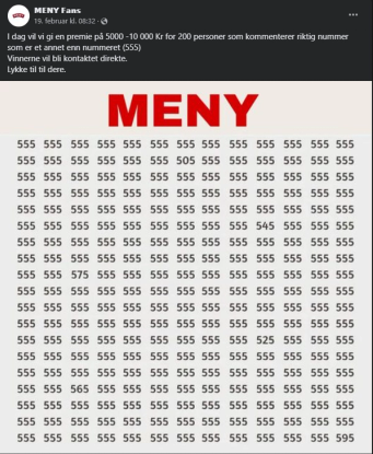 Et skjermbilde av en Facebook-innlegg med teksten 'MENY Fans' og en konkurranse hvor man kan vinne penger ved å kommentere riktig nummer, med mange tall 555 og 5555 i bildet.