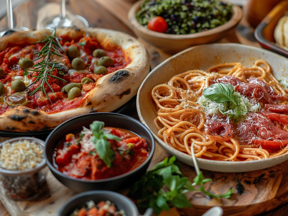 Et utvalg av italiensk mat, inkludert pizza med oliven og urter, og en skål med spaghetti i tomatsaus med basilikum.