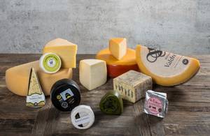 Ulike typer ost og små ostekartonger på et bord foran en grå vegg