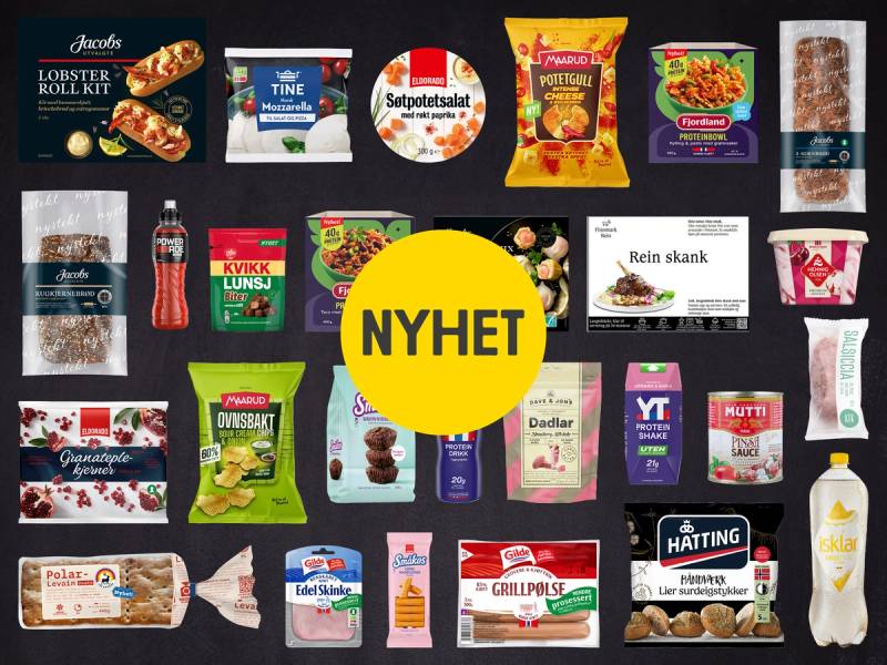 Et utvalg av ulike mat- og drikkevarer, inkludert fiskepakker, snacks, sauser og drikkevarer, med en stor gul sirkel med teksten 'NYHET' i midten.