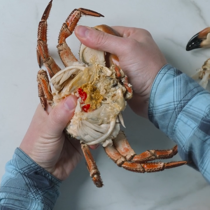 En person fjerner klør fra en krabbe med hendene sine.