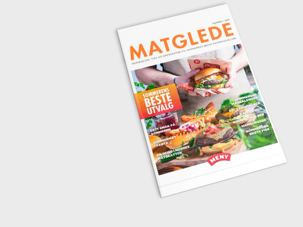 En kokebok med tittelen 'Matglede' og bilder av ulike retter på forsiden.