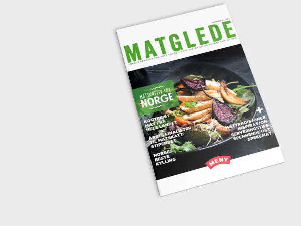 Forside av et matmagasin med bilder av ulike retter og grønnsaker, med tittelen 'MATGLEDE' øverst.