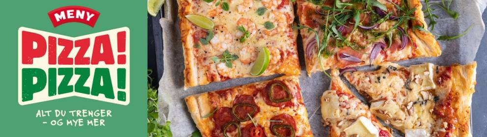 En dataskjerm med en banner som reklamerer for pizza, med bilder av ulike pizzaer og teksten 'Pizza! Pizza!'.