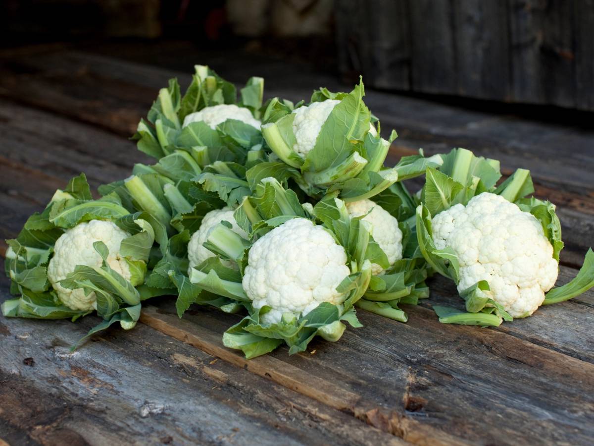 Flere hvite blomster med grønne blader ligger på en treflate, sannsynligvis blomster av kål eller blomsterløk.
