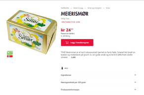 Produktdetaljer for smør, med bilde av en smørpakke med smørmerke og tekst på emballasjen.