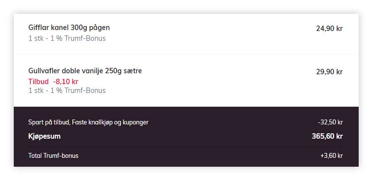 Kvittering som viser priser og tilbud på ulike matvarer, inkludert kylling og gullvafler, med en total sum og rabatt.