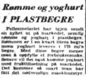 En avisartikkel fra 1970 om yoghurt i plastbegere, med overskriften 'Rømme og yoghurt i plastbegre'.