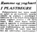 En avisartikkel fra 1970 om yoghurt i plastbegere, med overskriften 'Rømme og yoghurt i plastbegre'.