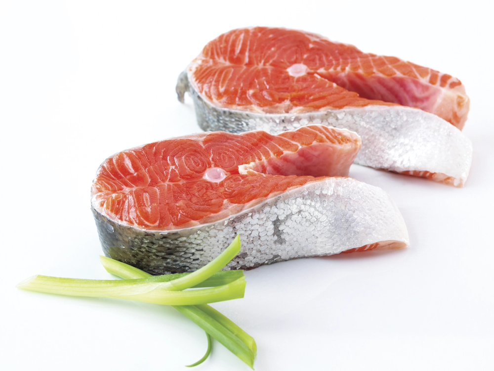 To ørretstykker med skinn og en liten bunt med grønn løk ved siden av på en hvit bakgrunn.