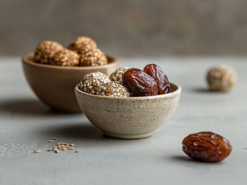 To små skåler med dadler og energikuler på en lys overflate, med en ekstra dadel i forgrunnen.