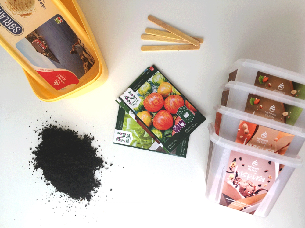 En plante i en isboks sammen med frøposer og små plastkasser med planteutstyr